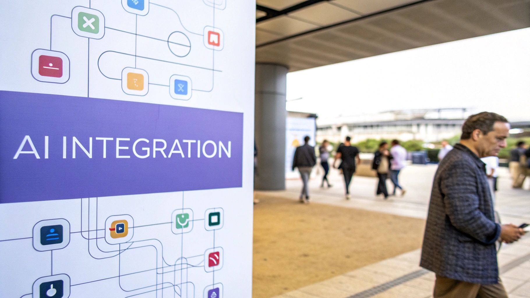 A large sign displaying 'AI INTEGRATION' and a network of connected icons, with people walking in the background.