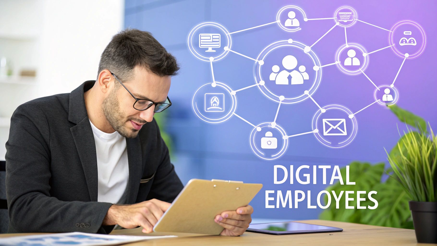 A man in glasses works at a desk, with a network of digital employee icons and text in the background.