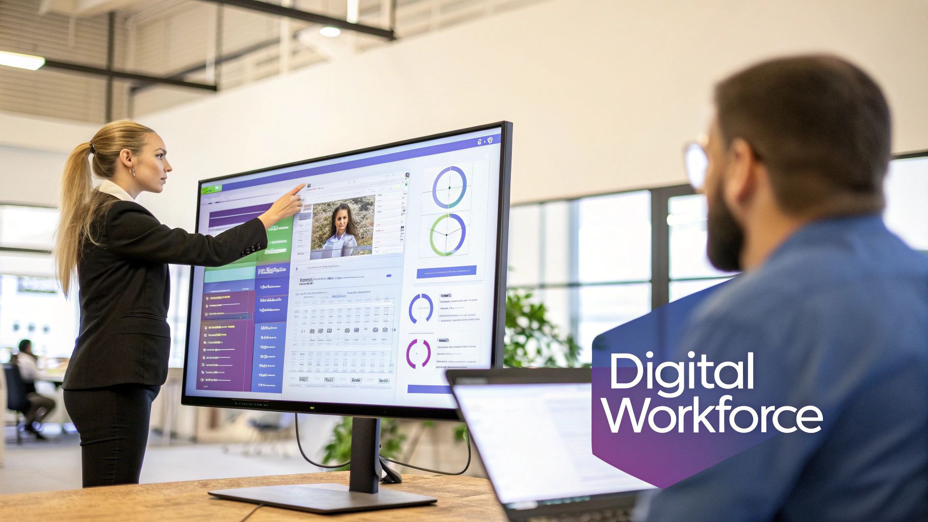A blonde woman in a suit points at a large digital screen showing business data and a user profile.