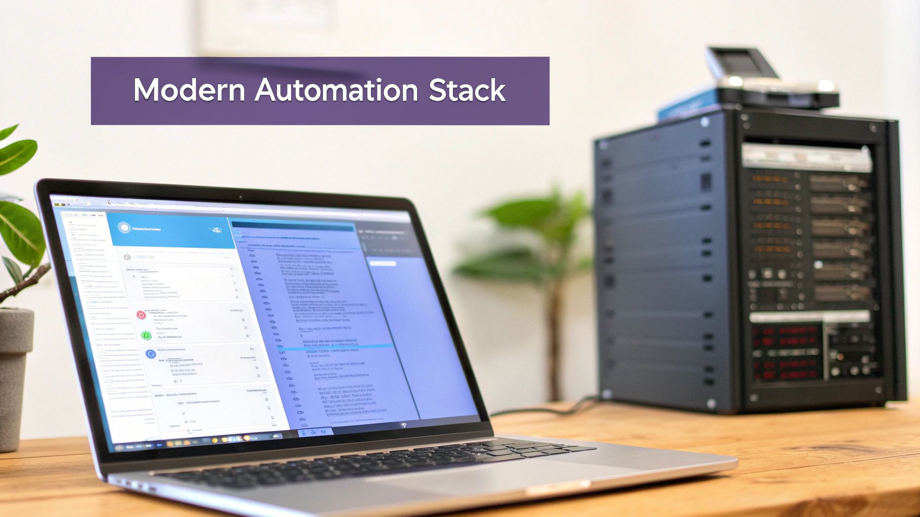 A laptop displaying code and a server rack on a wooden desk, representing a modern automation stack.