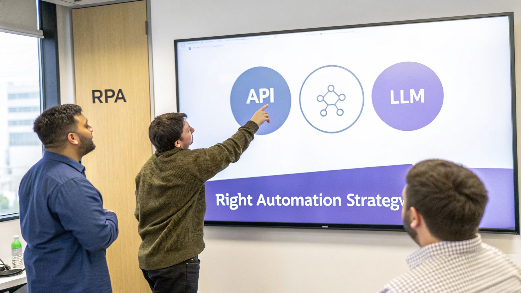 People discussing an automation strategy featuring API, LLM, and RPA on a large screen.
