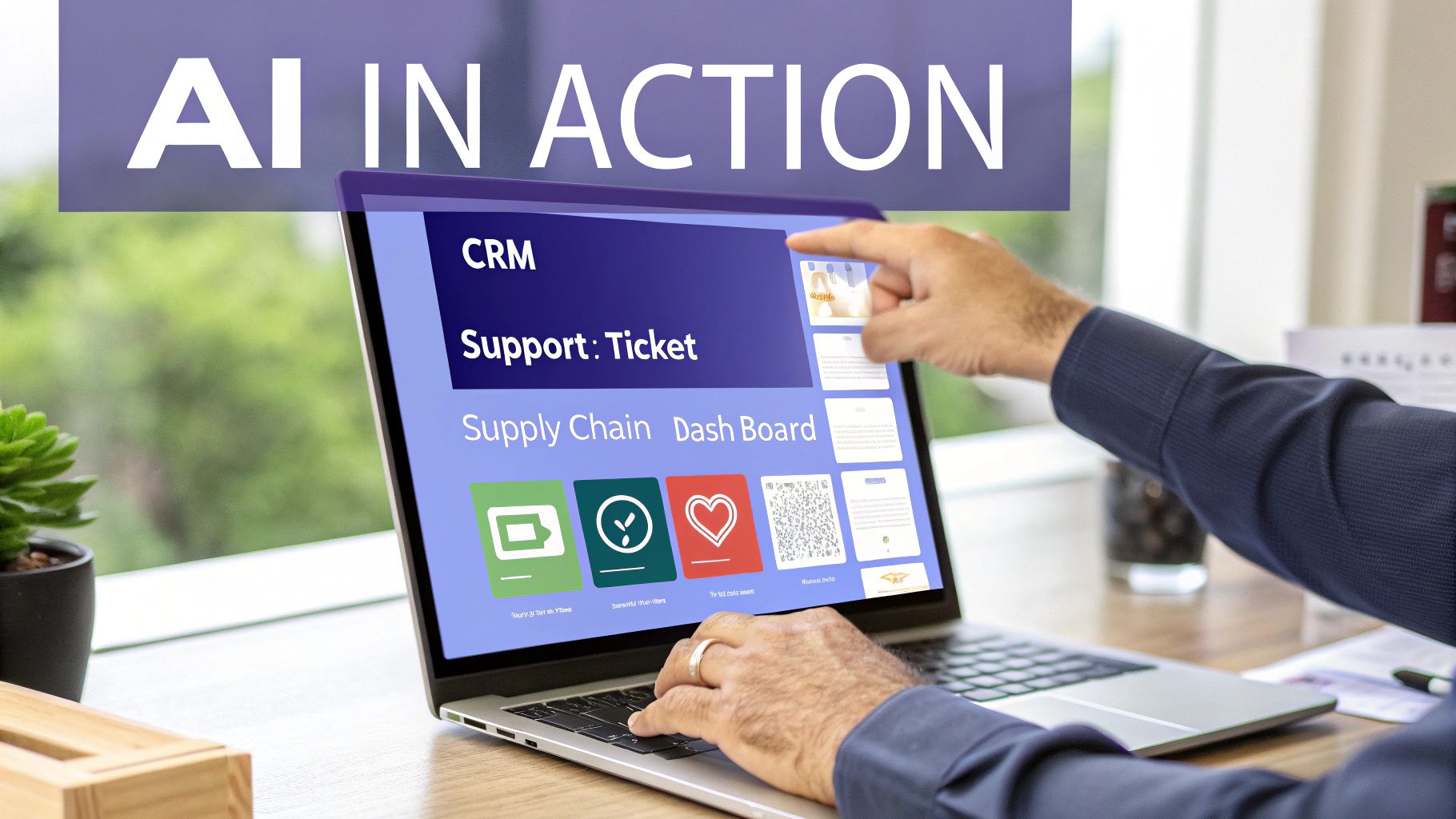 A person interacts with a laptop displaying 'AI IN ACTION' and business application interfaces.