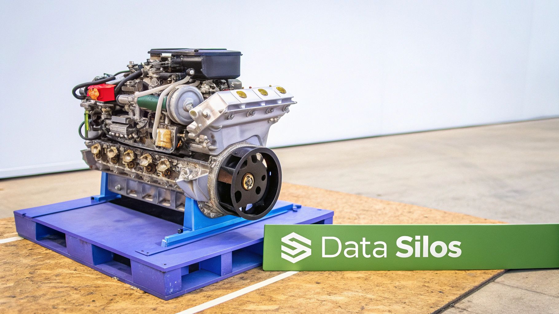A detailed V-shaped engine display on a blue pallet, with a green 'Data Silos' sign.