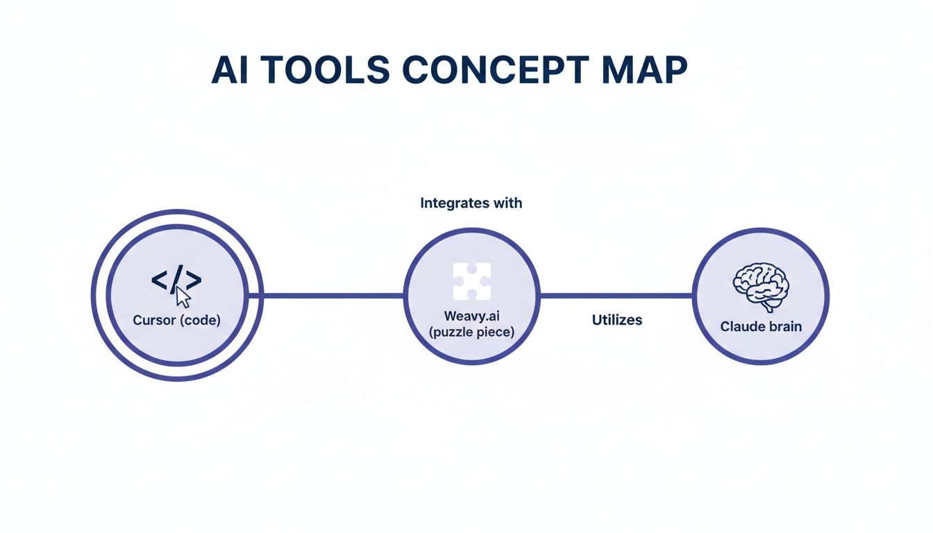 A concept map illustrating how Cursor (code) integrates with Weavy.ai, which then utilizes Claude brain.