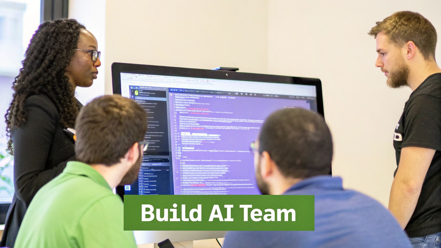 A diverse team of professionals collaborates intently around a computer screen, likely for an AI project.