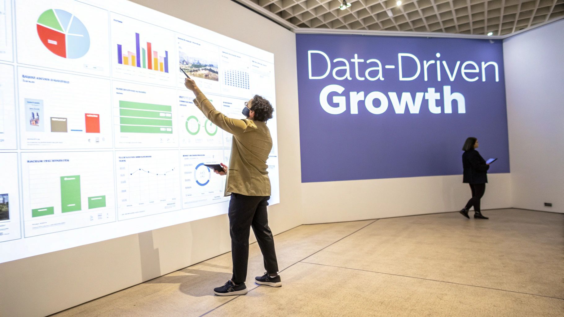 Man in mask points at a large screen displaying diverse data visualizations for business growth.