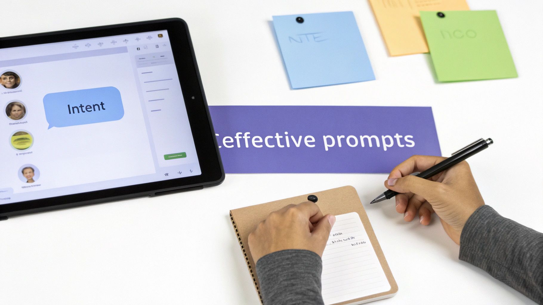 Person writing in a notebook, next to a tablet showing an 'Intent' speech bubble and a 'effective prompts' banner.