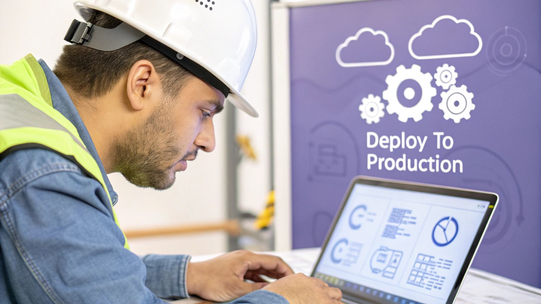 A man in a hard hat and safety vest types on a laptop, with a 'Deploy To Production' banner in the background.