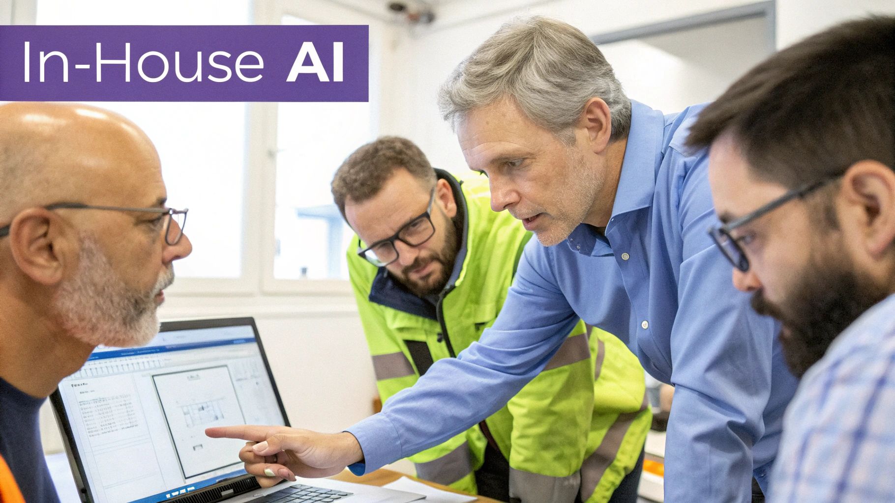 Four male professionals collaboratively discuss technical data on a laptop, emphasizing in-house AI solutions.