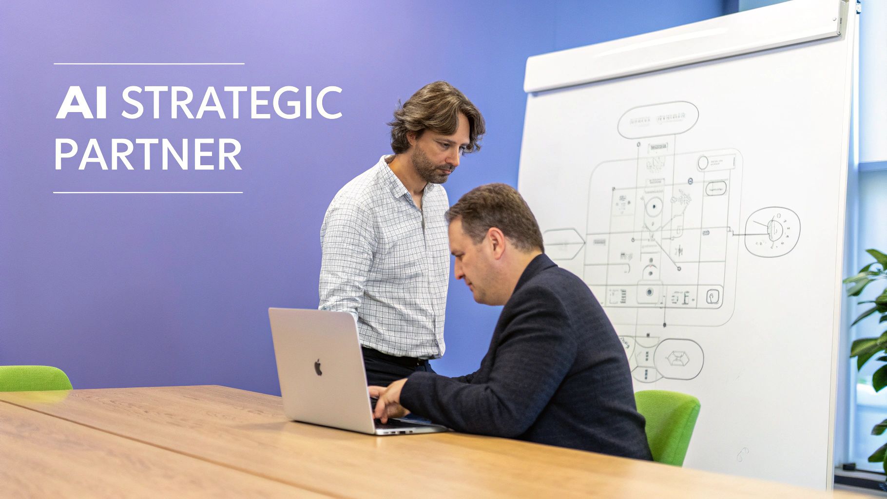 Two businessmen collaborate on a laptop in a modern office, with 'AI STRATEGIC PARTNER' on the wall.