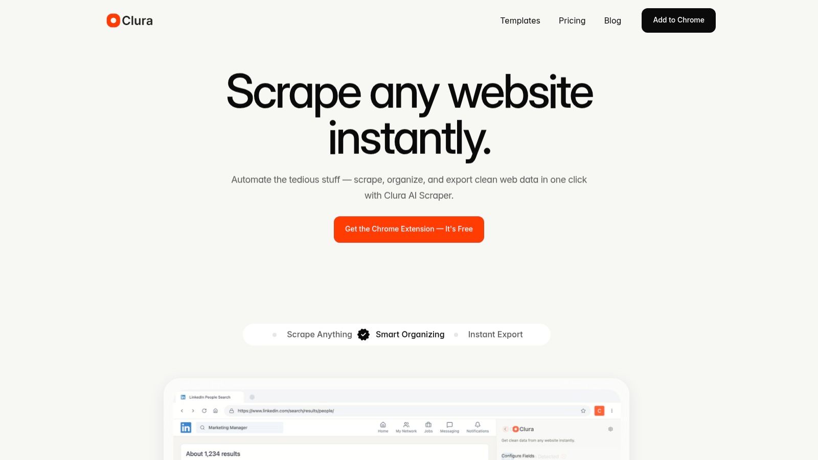 Clura AI web scraper interface — market research tools for startups