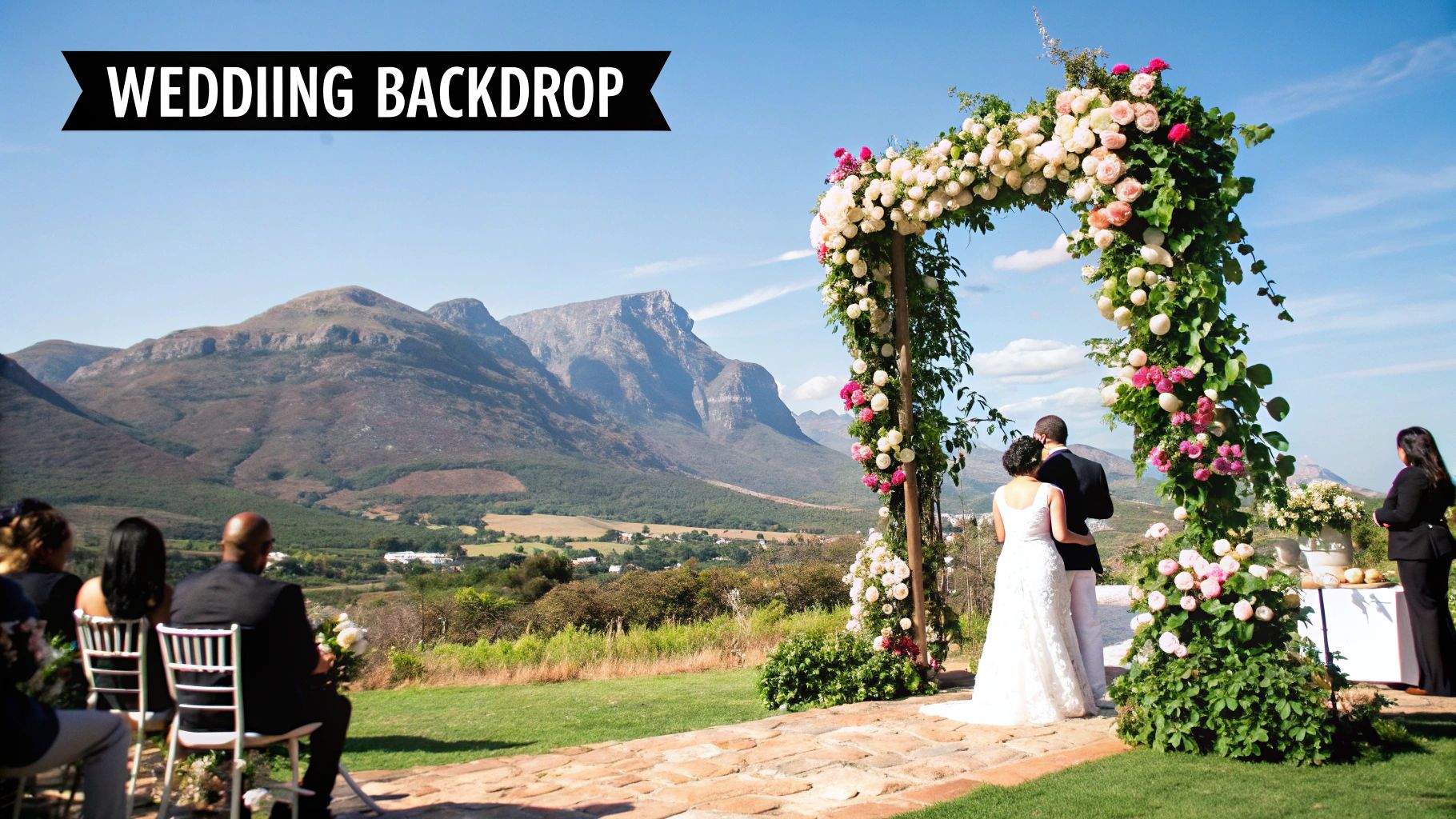Beautiful outdoor wedding backdrop with a couple, floral arch, and scenic mountains under a blue sky.