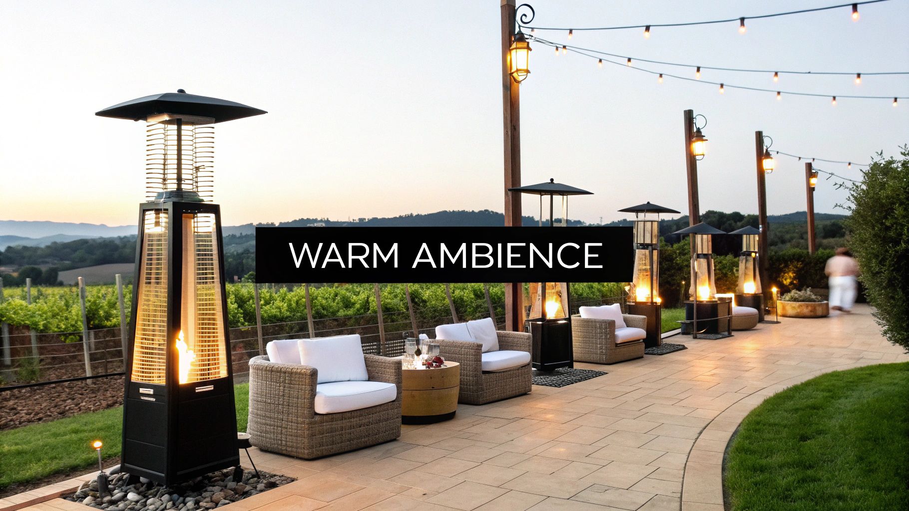 An inviting outdoor patio at dusk with several gas patio heaters, cozy seating, and string lights.