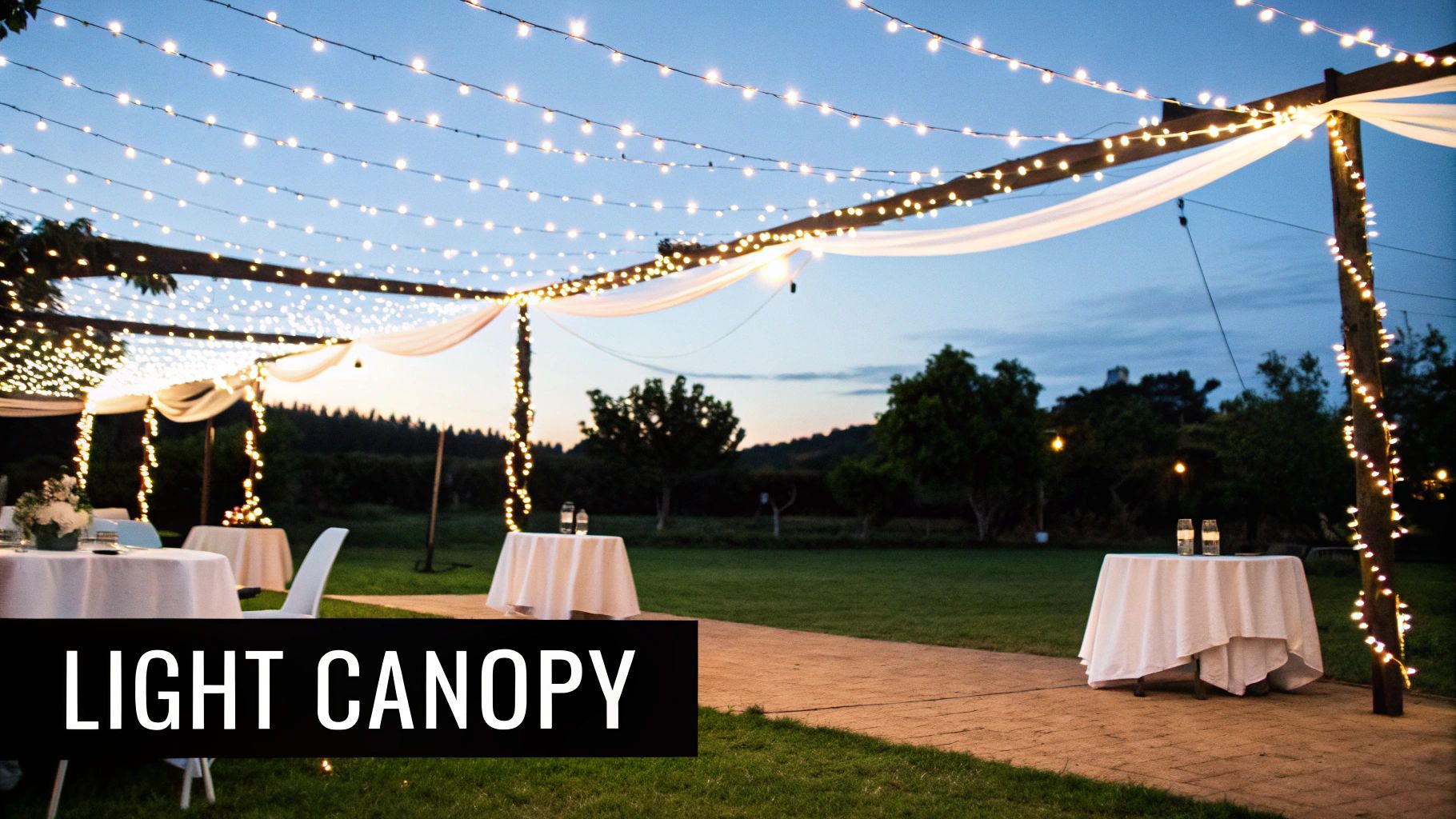 An outdoor wedding venue at dusk with string lights creating a beautiful canopy over white tables.