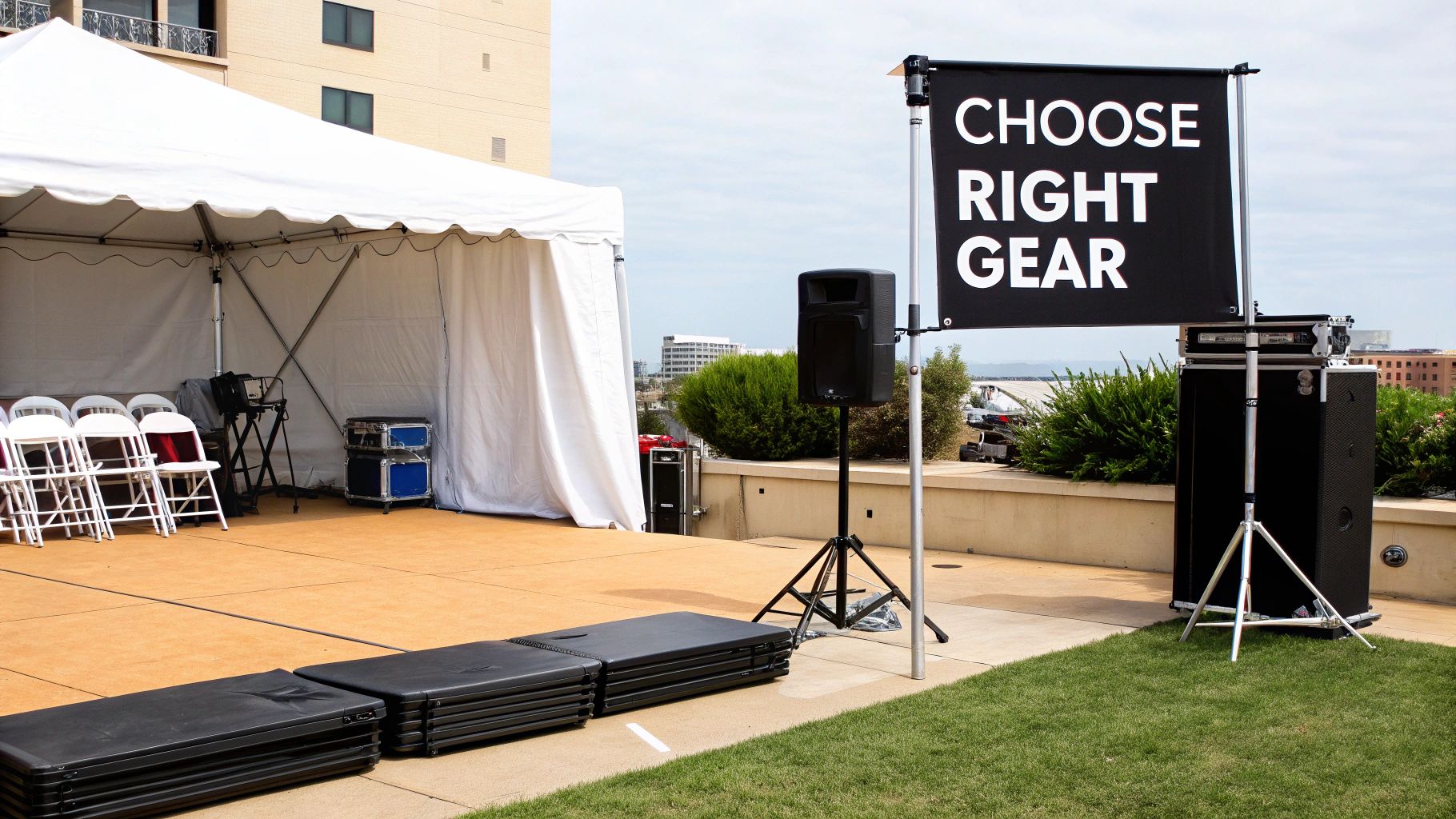 A delivery truck with rental equipment being unloaded for a party.