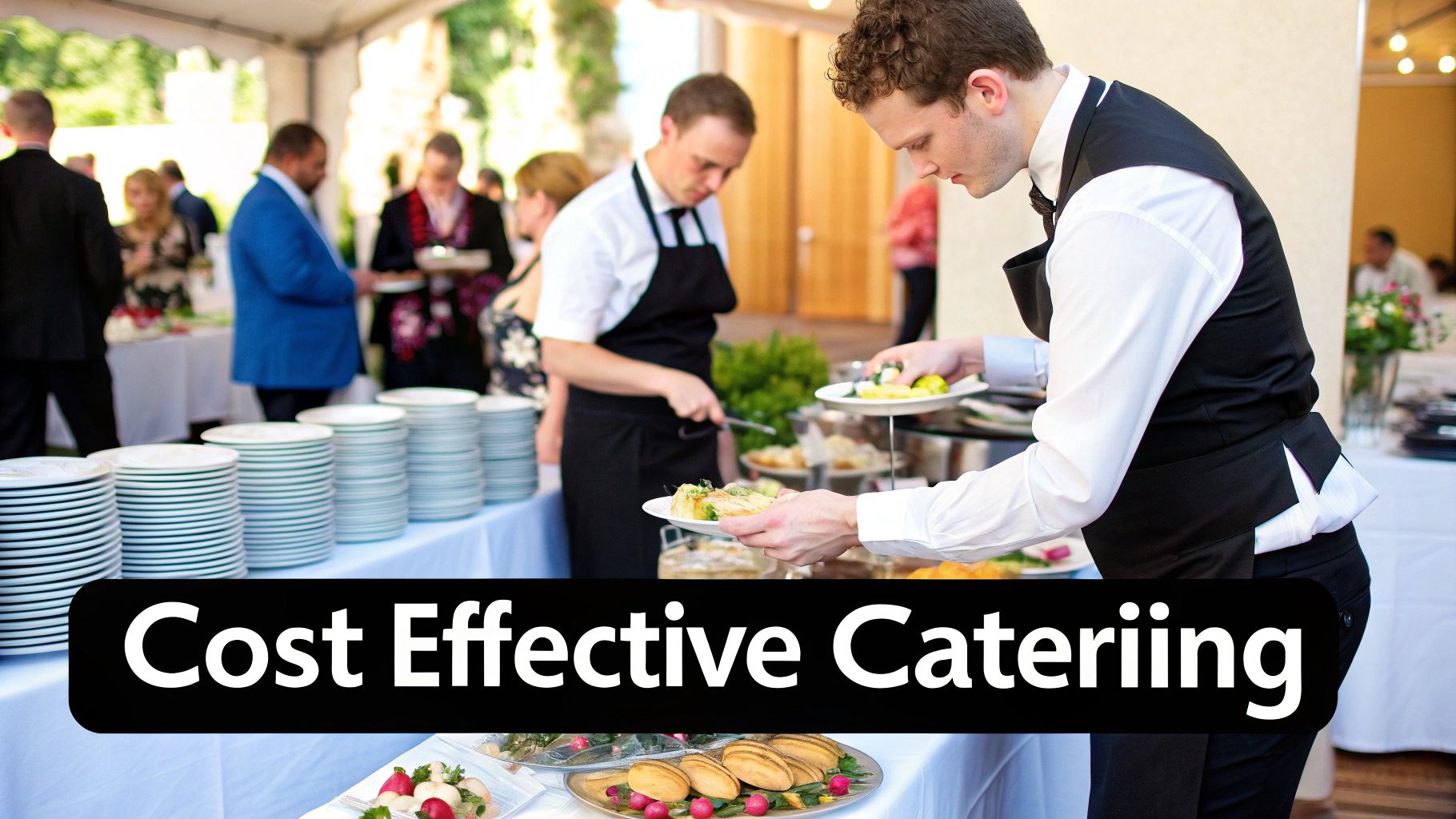 An elegant catering setup featuring chafing dishes and serving utensils.