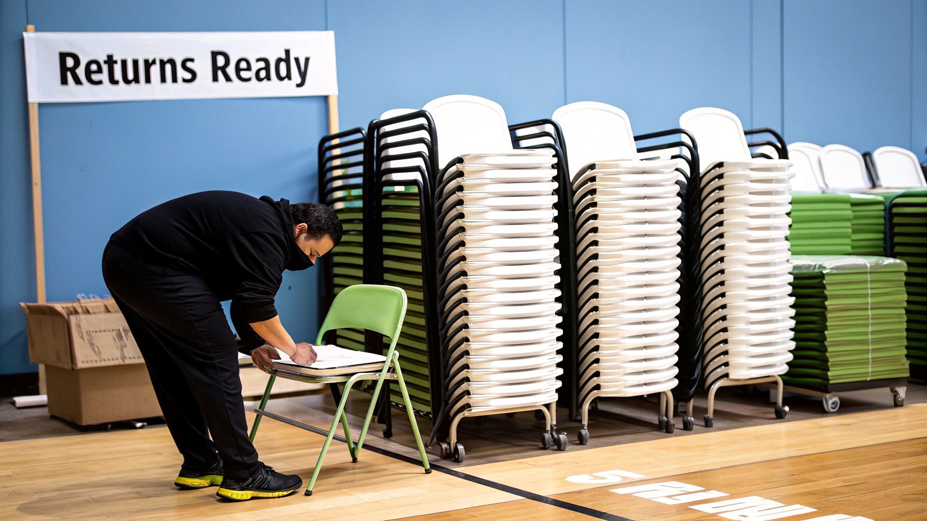 Event staff clearing tables and chairs after an event in Bellville.