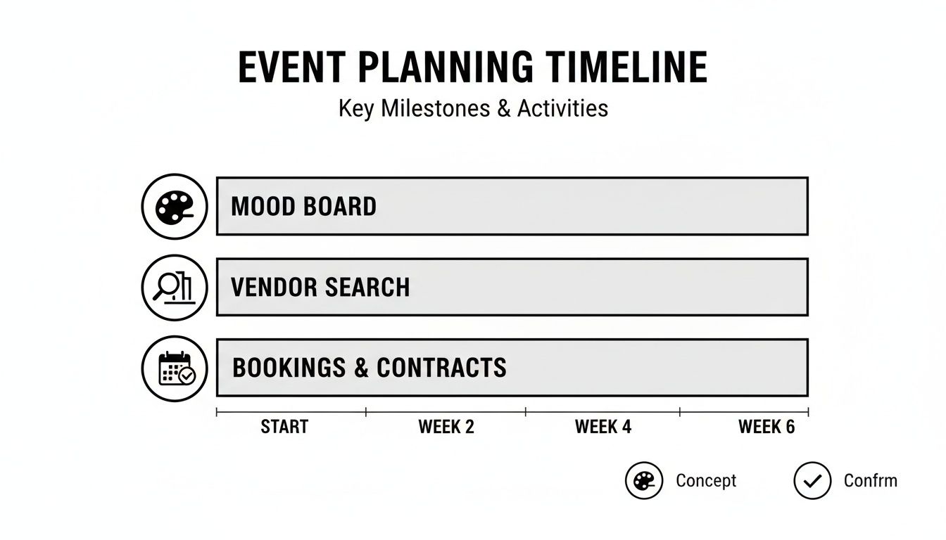 A clean event planning timeline diagram showing key milestones: mood board, vendor search, and bookings.
