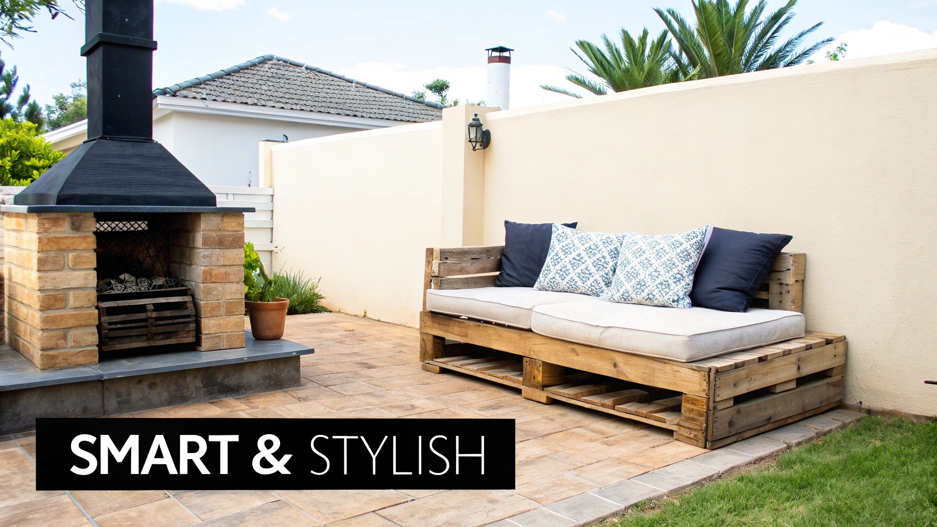 A stylish outdoor patio set made from wooden pallets, complete with comfortable cushions and decorative plants, showcasing a cosy and inviting atmosphere.