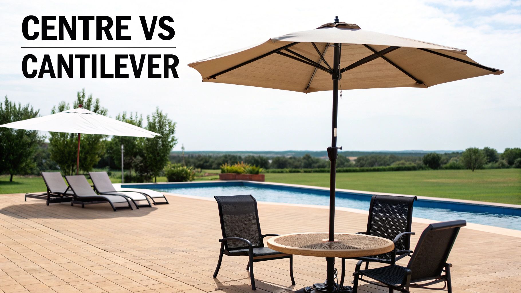 A close-up of the durable fabric and sturdy frame of a large outdoor umbrella.