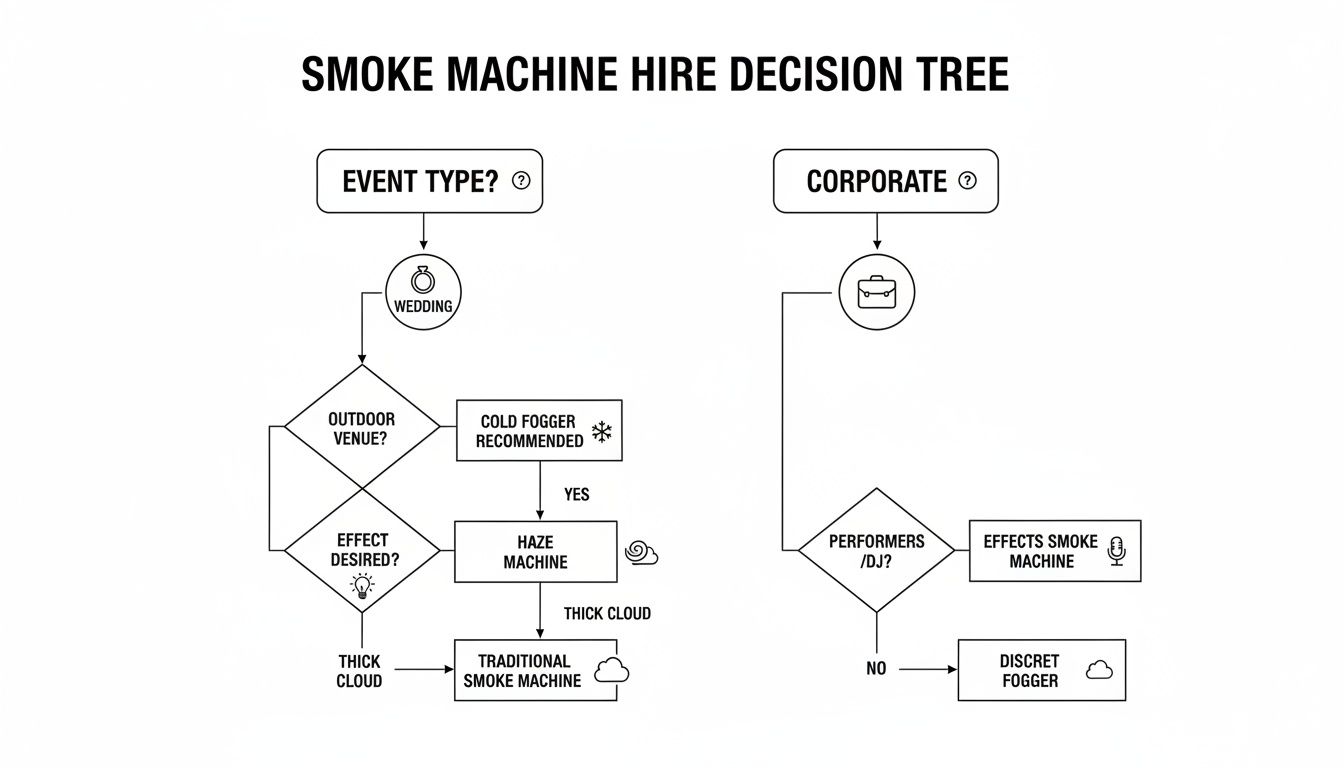 Decision tree flowchart guiding smoke machine hire options for weddings and corporate events, including cold foggers and haze.