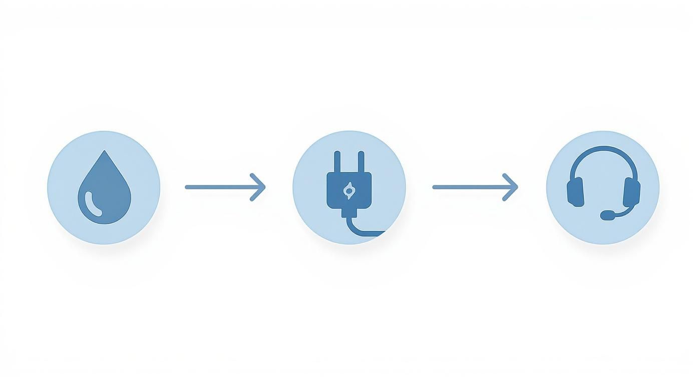 Three step process diagram showing water droplet, electrical plug, and headset icons connected by arrows