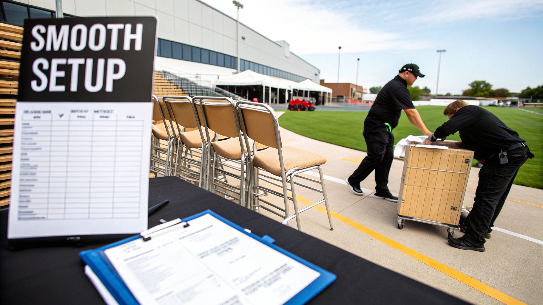 A team of event staff carefully setting up tables and chairs in a large venue.