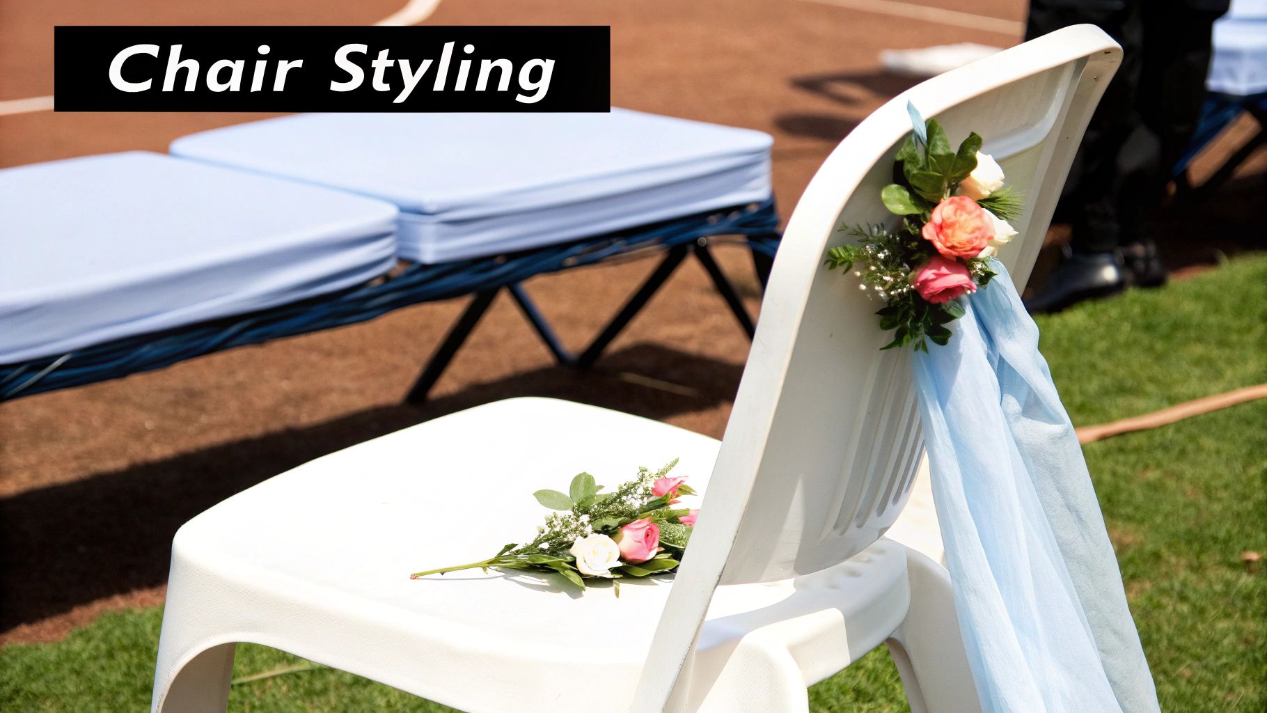 White plastic chairs are beautifully decorated with pink, white, and orange floral bouquets for an outdoor event.