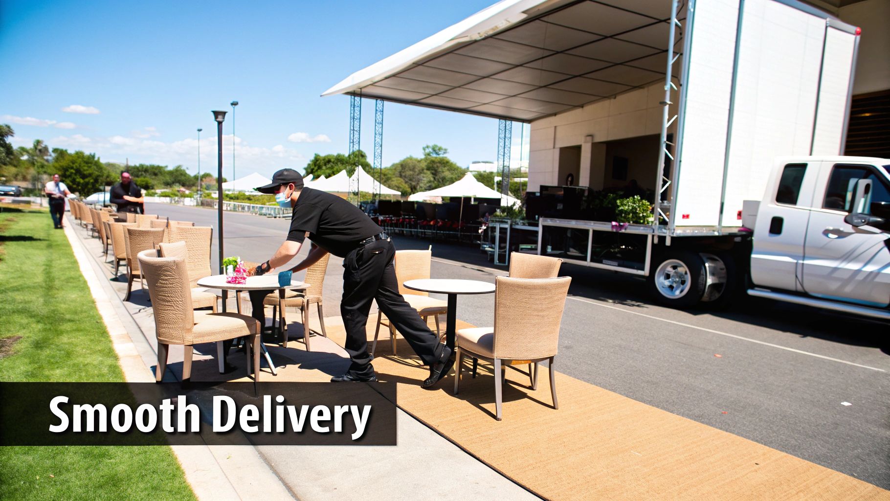Logistics team setting up hired furniture for an event in Cape Town.