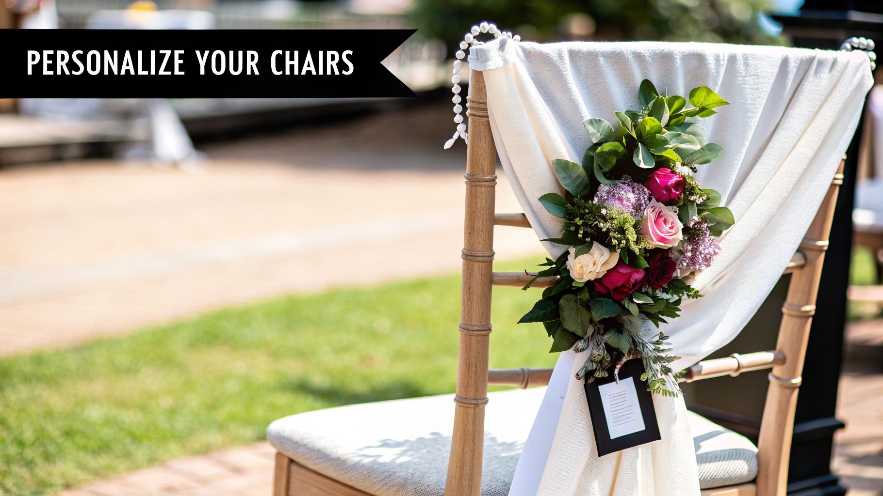 A decorated wedding chair with a floral arrangement and a 'bride' sign