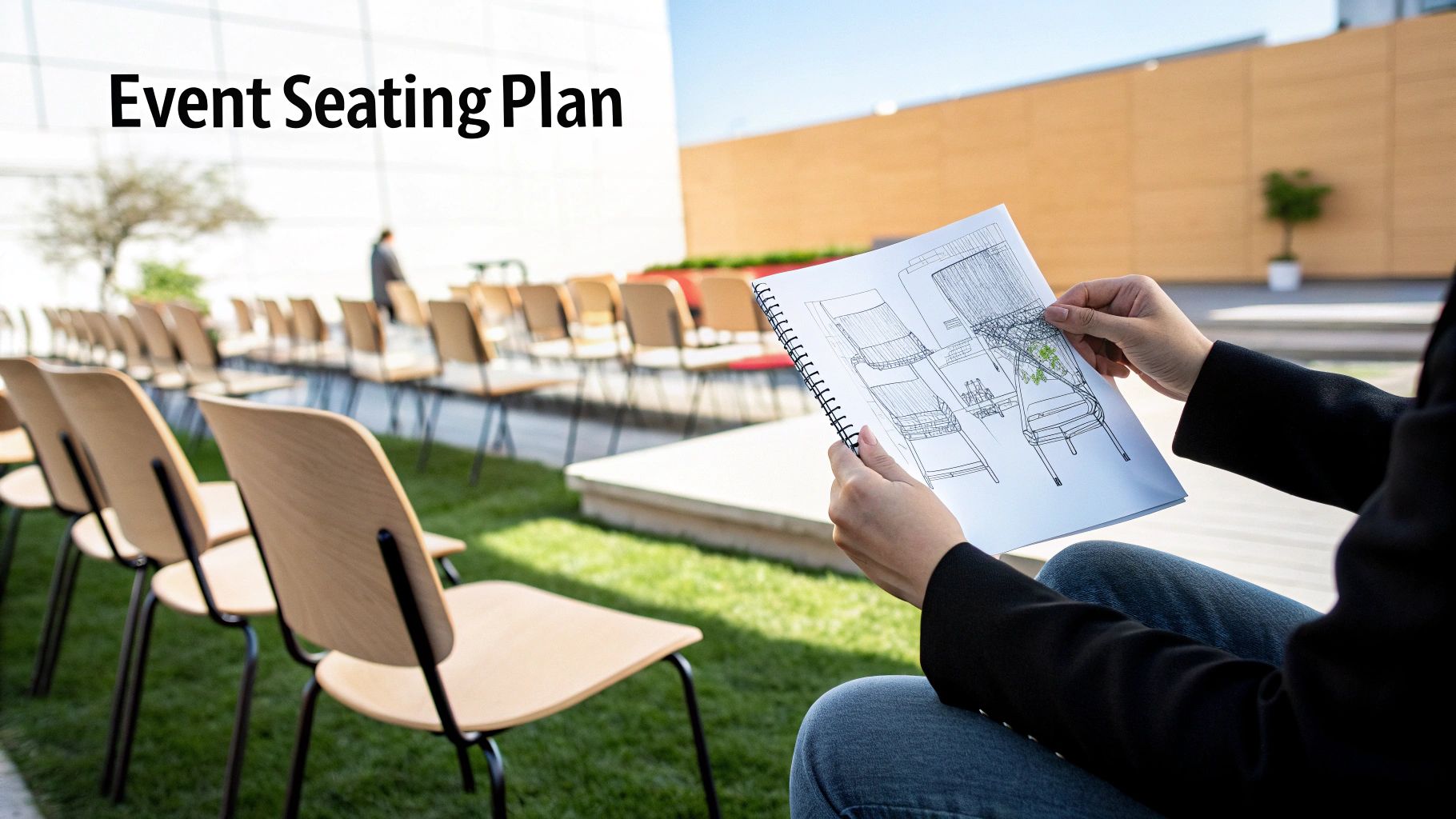 Person reviewing an event seating plan sketch while rows of empty chairs await guests outdoors.