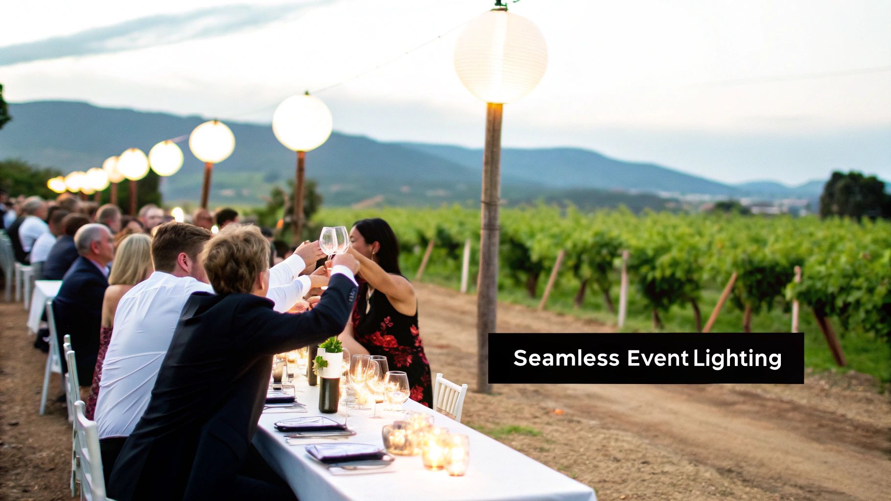 Guests toast at a long table illuminated by stylish lanterns at an elegant outdoor vineyard event.