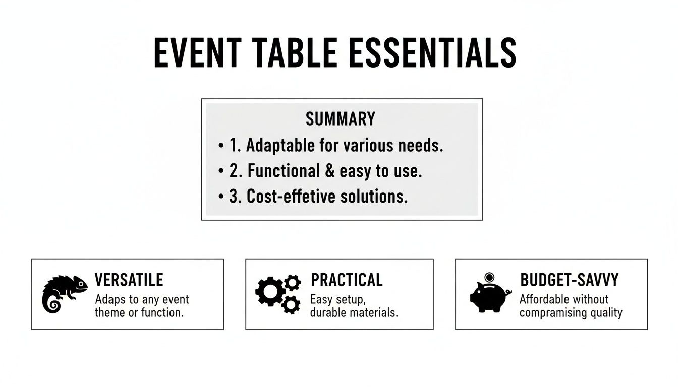 An infographic detailing event table essentials, emphasizing versatility, practicality, and budget-savvy solutions with icons.