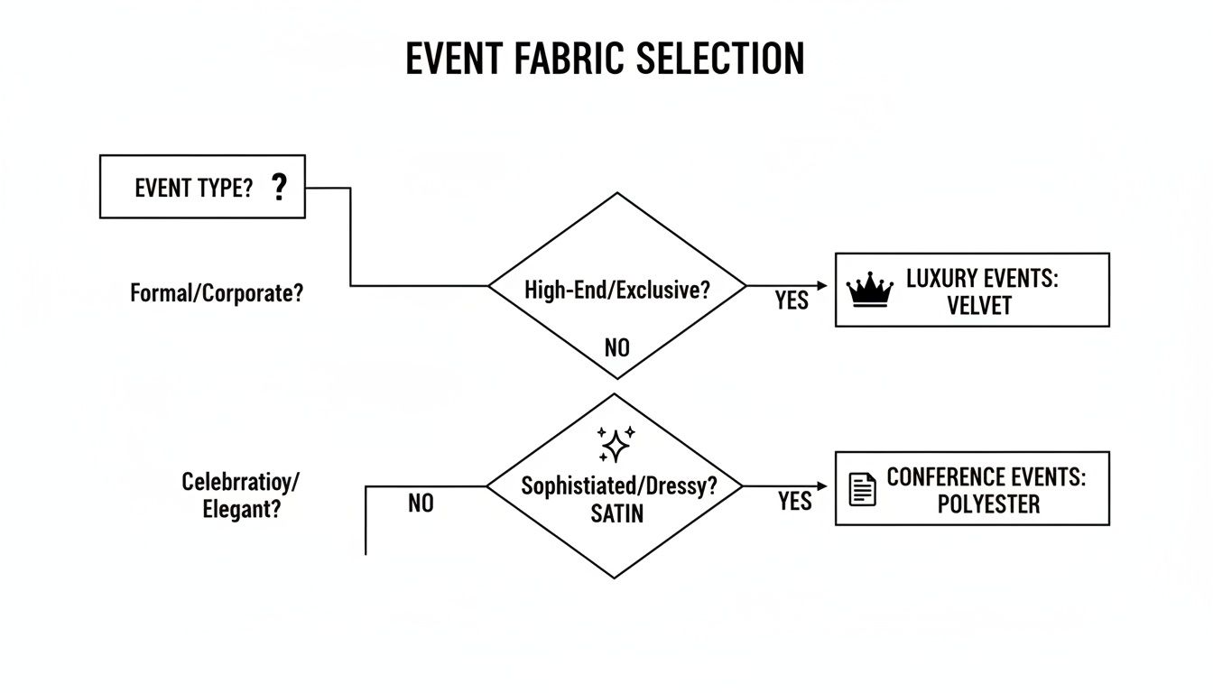 Flowchart diagram guiding event fabric selection based on event type, from formal to luxury events.