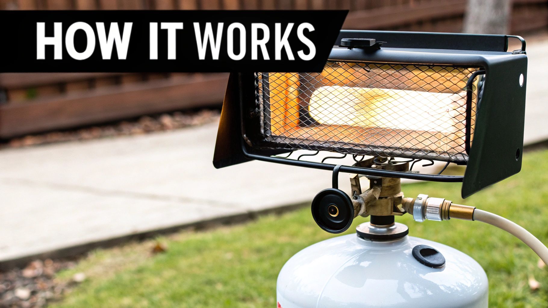 Close-up of a gas outdoor heater's glowing emitter screen