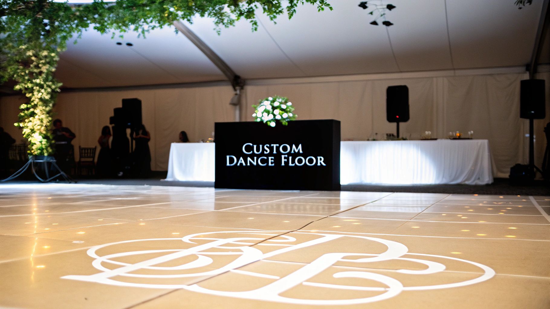 Couple's first dance on a personalized wedding dance floor