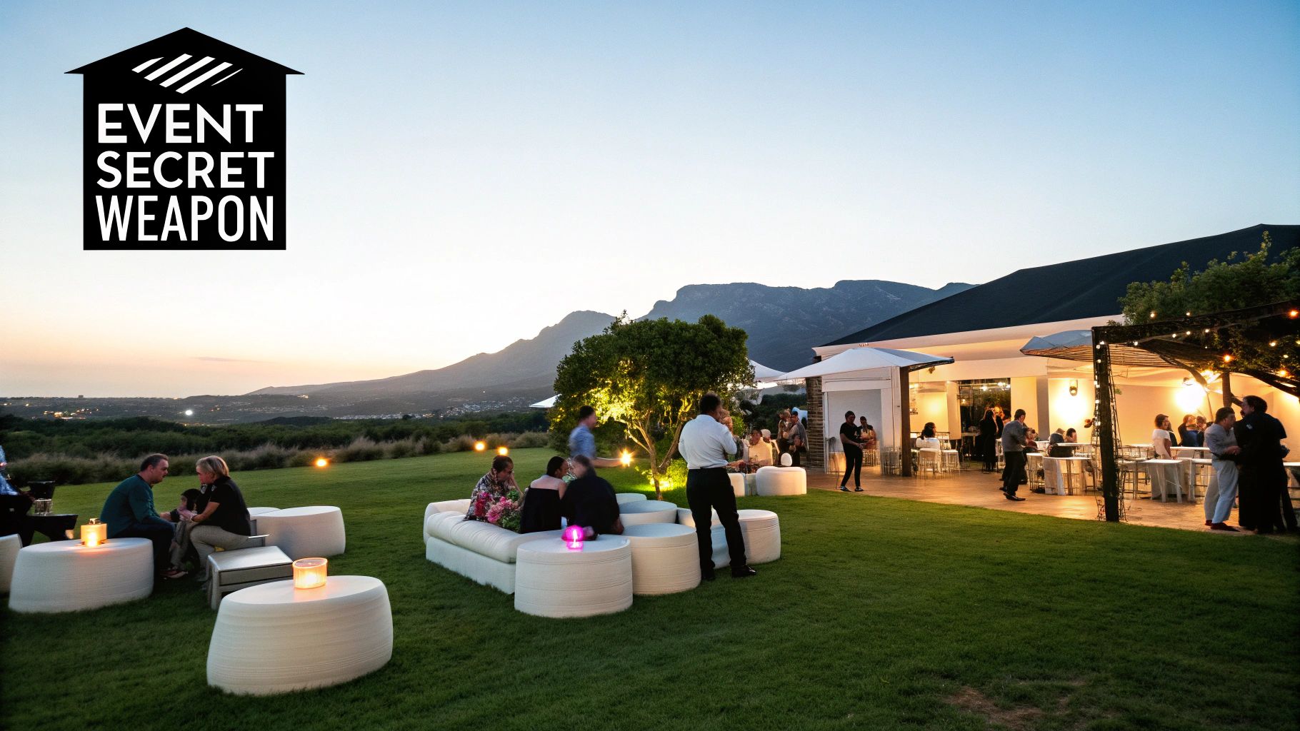 An elegant outdoor event at dusk with people mingling, modern white furniture on a green lawn, and mountains in the background.