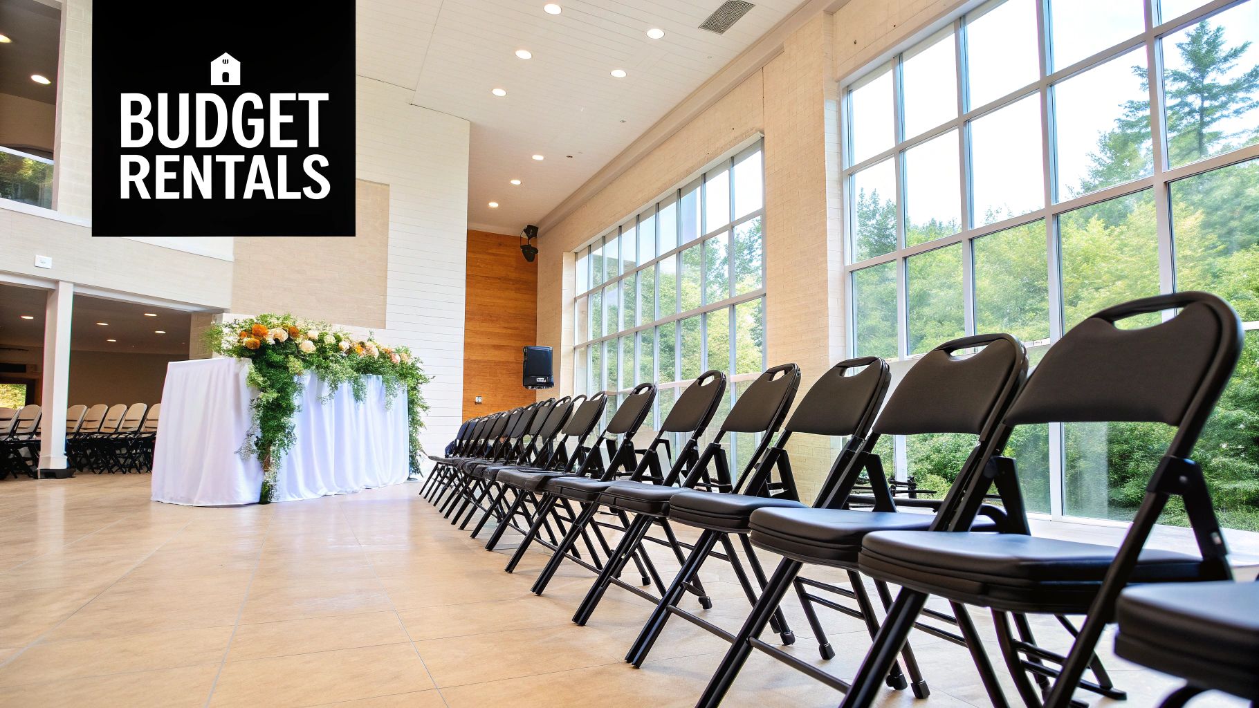 Wedding reception tables set up with elegant white chairs in a garden.