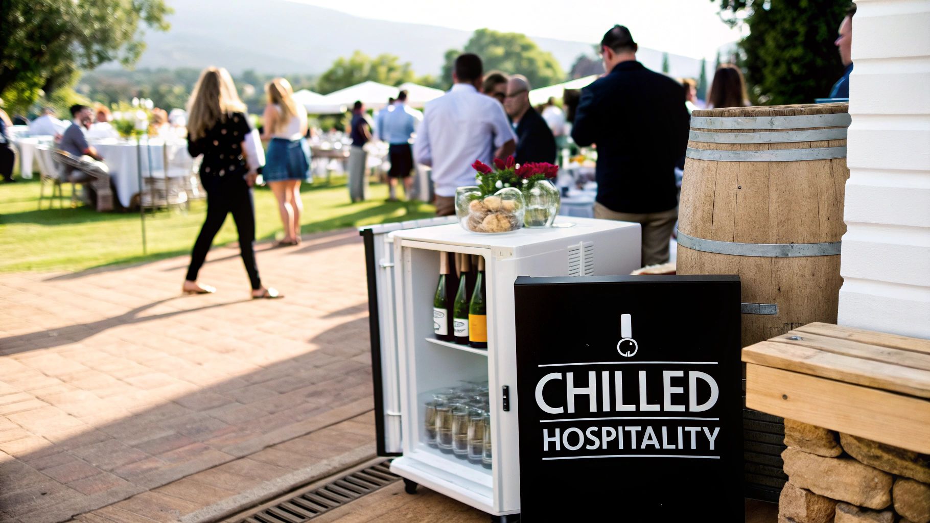 A mini bar fridge and "Chilled Hospitality" sign at a sunny outdoor event with people.