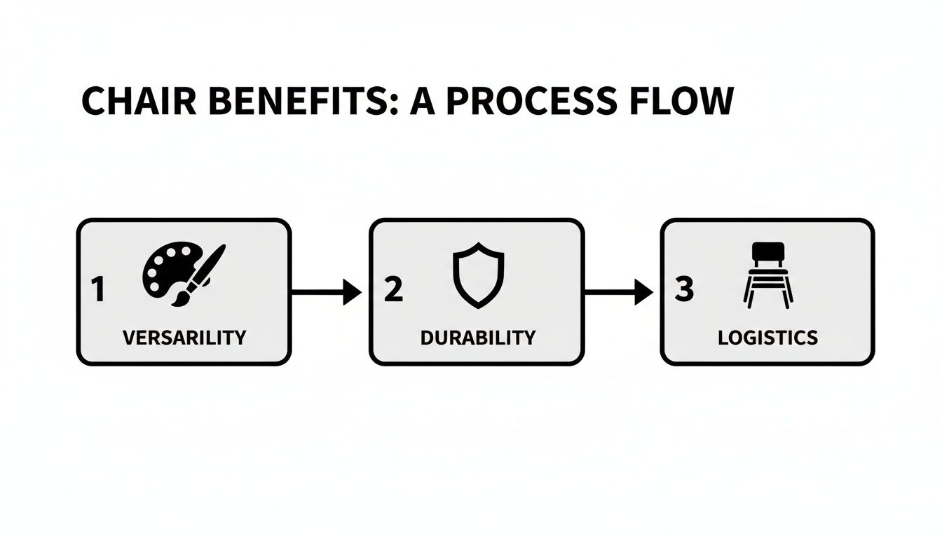 Flowchart showing chair benefits process: Versatility, Durability, and Logistics with corresponding icons.