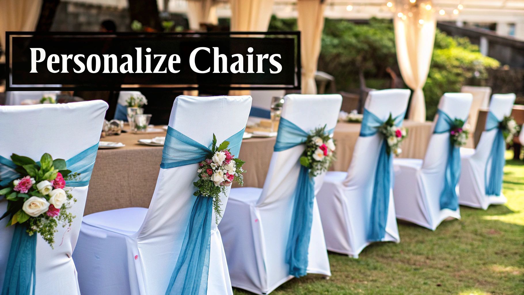 A Tiffany chair decorated with flowing white fabric and a small floral arrangement