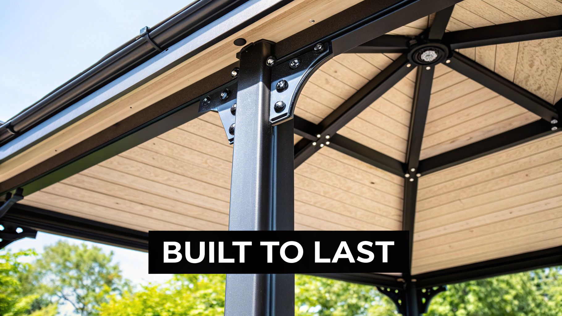 A detailed close-up shot of the sturdy frame and waterproof canopy fabric of a heavy duty gazebo.