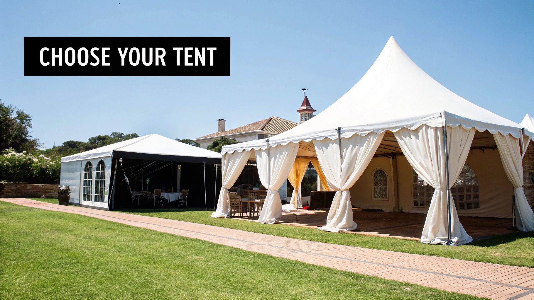 Two different white event tents are set up on a green lawn with a brick pathway.