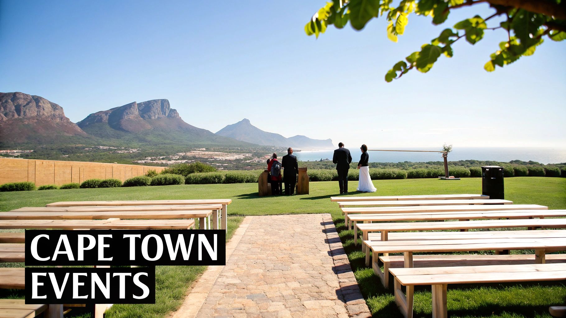 A scenic outdoor event venue with wooden benches overlooking mountains and the ocean in Cape Town.