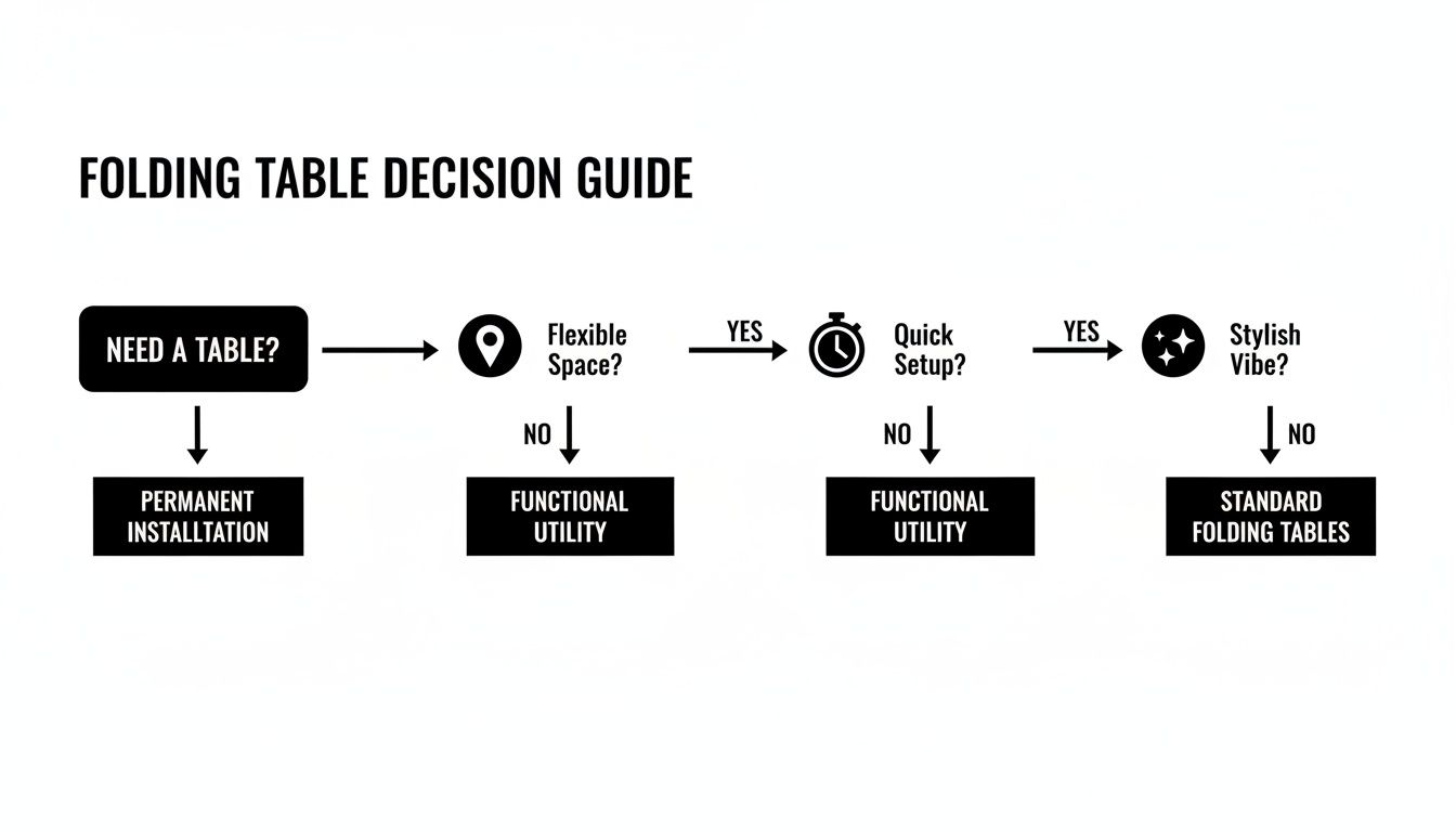 A flowchart decision guide for choosing a folding table based on needs like flexible space, quick setup, and stylish vibe.