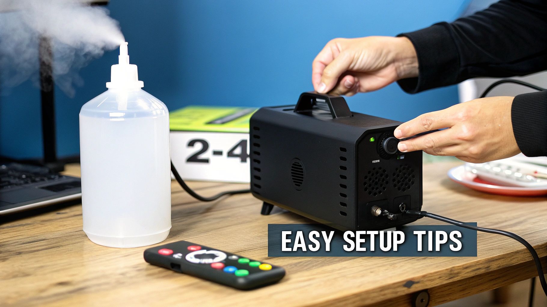 A person adjusts a black smoke machine next to a bottle emitting mist, with a remote control nearby.