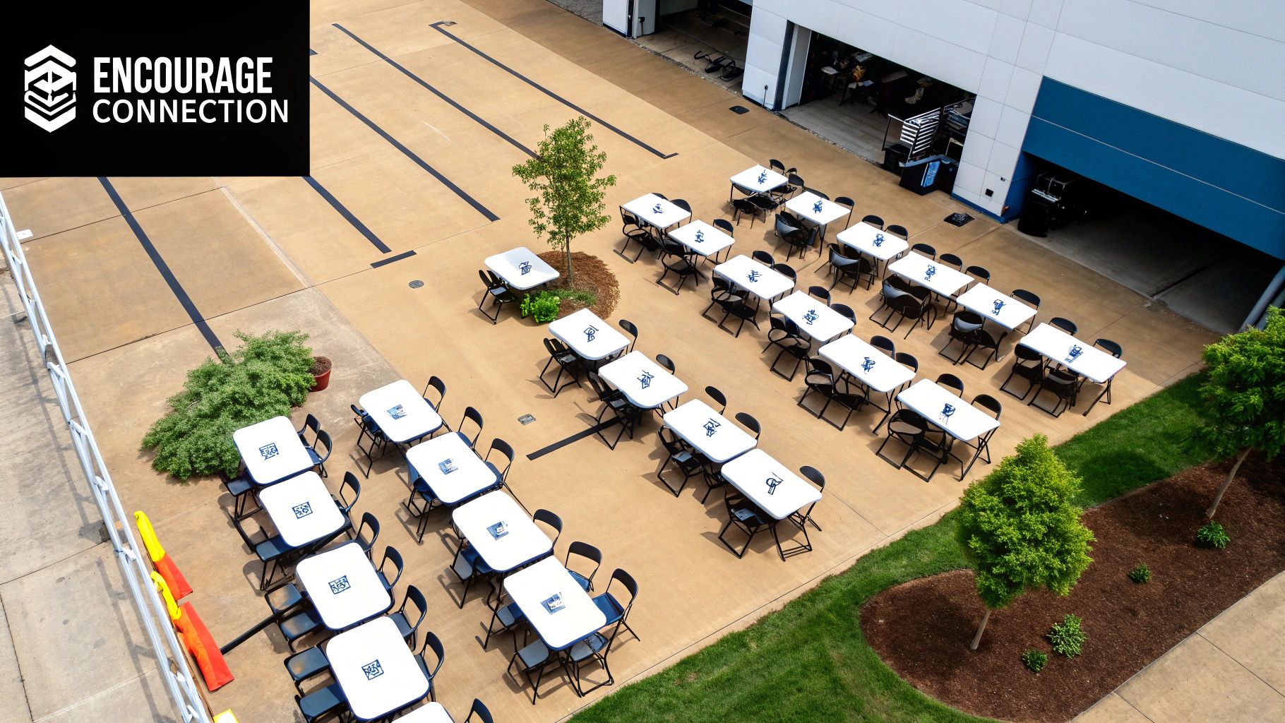 Aerial view of an outdoor event setup with numerous white folding tables and black chairs.