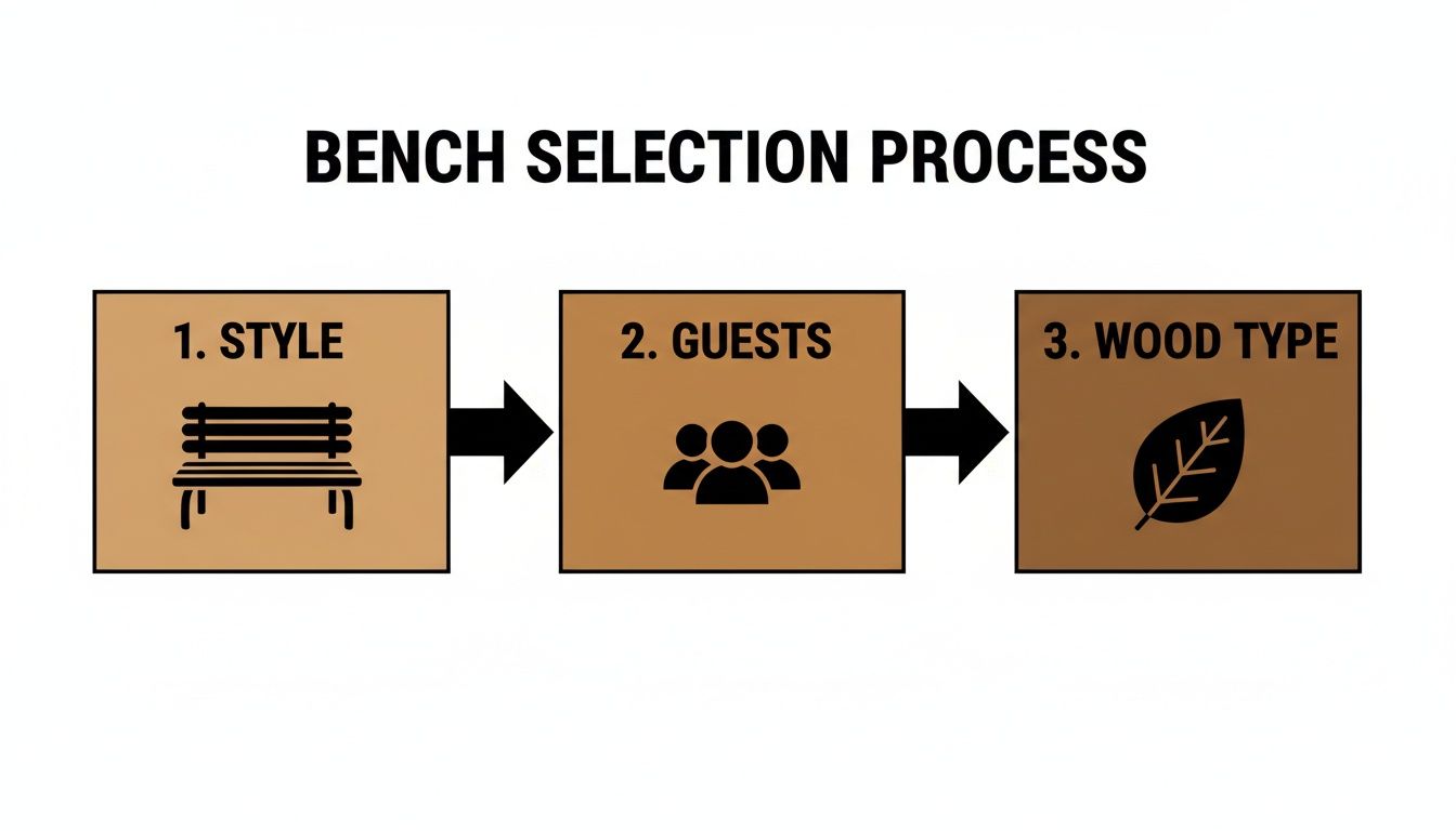 A flowchart illustrates the bench selection process, including steps for style, guests, and wood type.