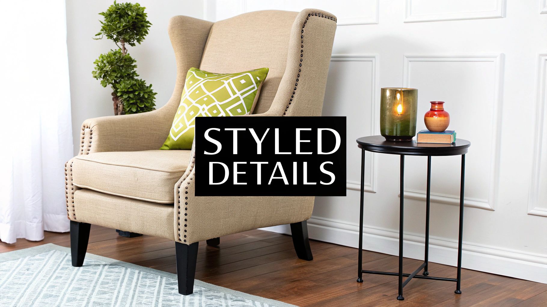 A stylishly decorated wing back chair paired with a small side table and a lamp.