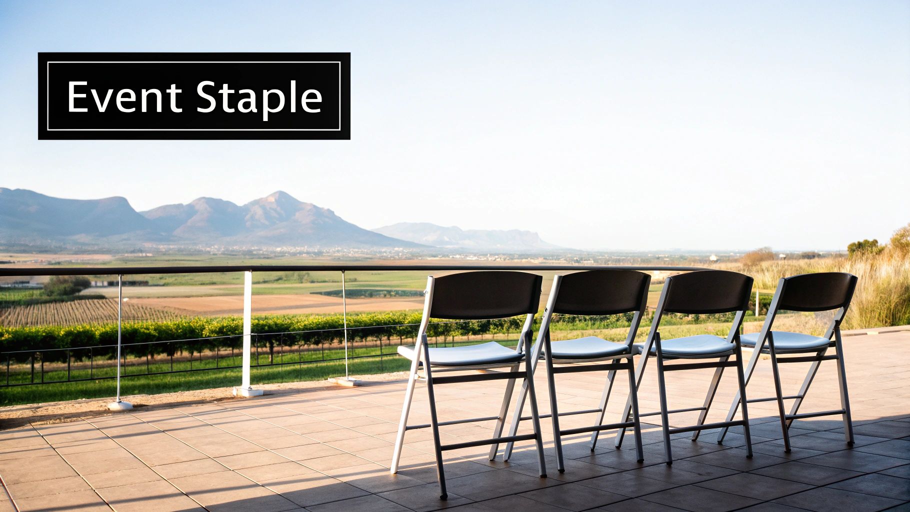 A scenic outdoor patio with four empty folding chairs overlooking mountains and vineyards.